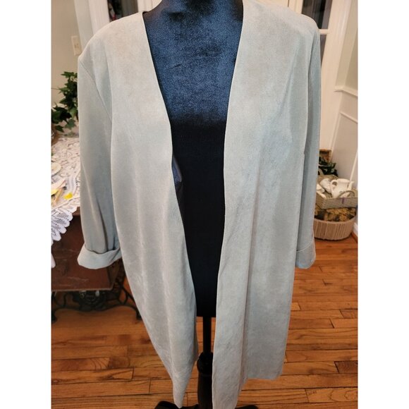 Vintage 90s Faux Suede Sage Green Duster Blazer 3/4 Rolled Sleeves 1X Minimal - Picture 1 of 7